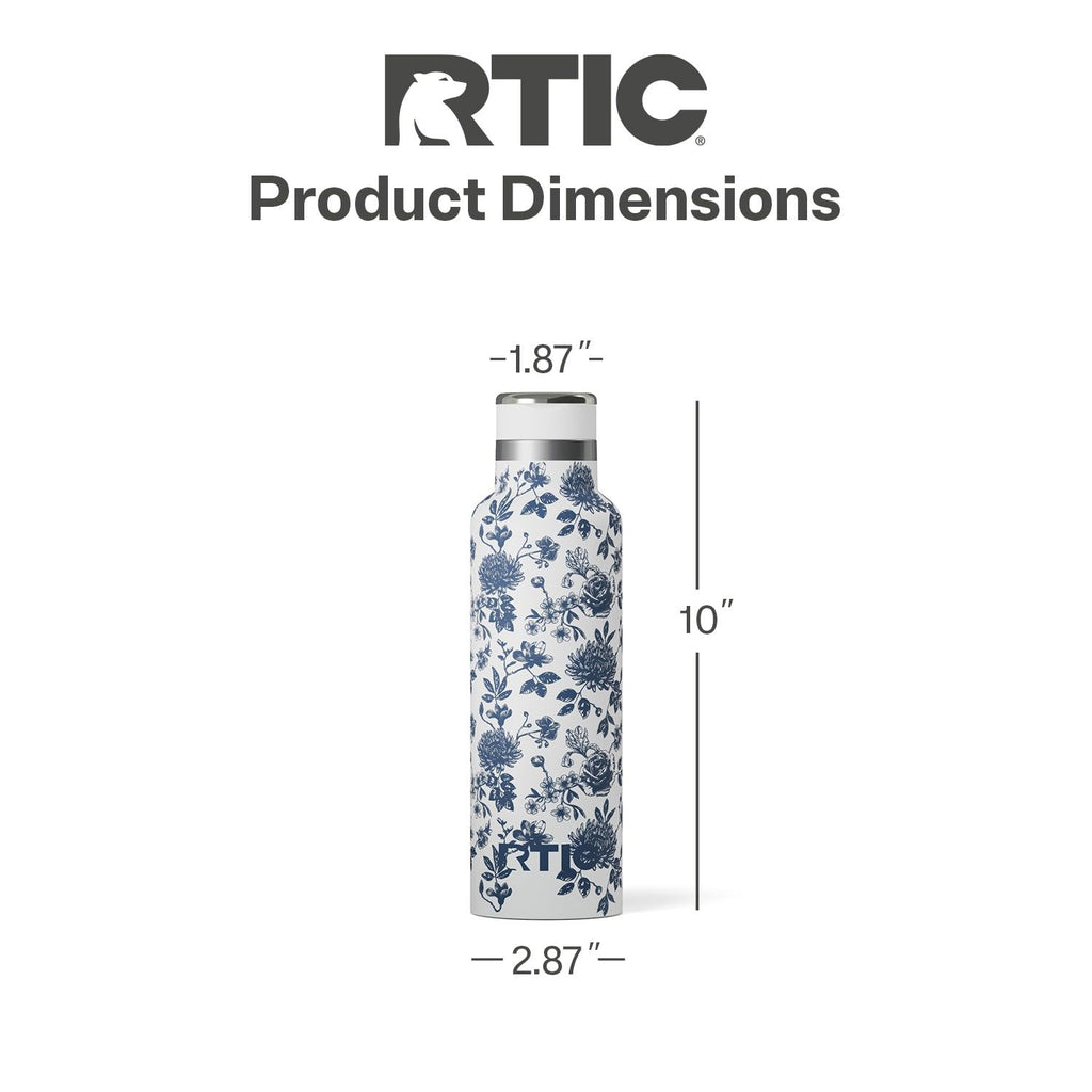 RTIC 20oz Journey Water Bottle Ceramic Lined Metal Stainless Steel Vacuum Insulated, BPA Free, Reusable, for Water, Hot and Cold Drinks, Travel, Sports, Camping, Blue Bouquet