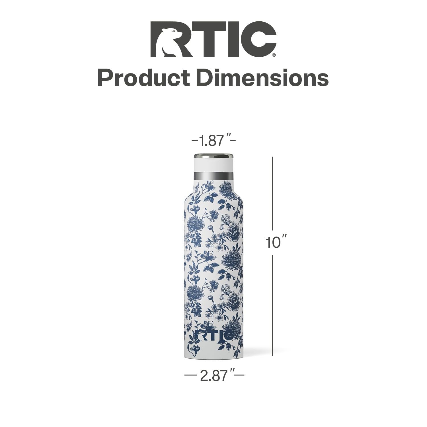RTIC 20oz Journey Water Bottle Ceramic Lined Metal Stainless Steel Vacuum Insulated, BPA Free, Reusable, for Water, Hot and Cold Drinks, Travel, Sports, Camping, Blue Bouquet