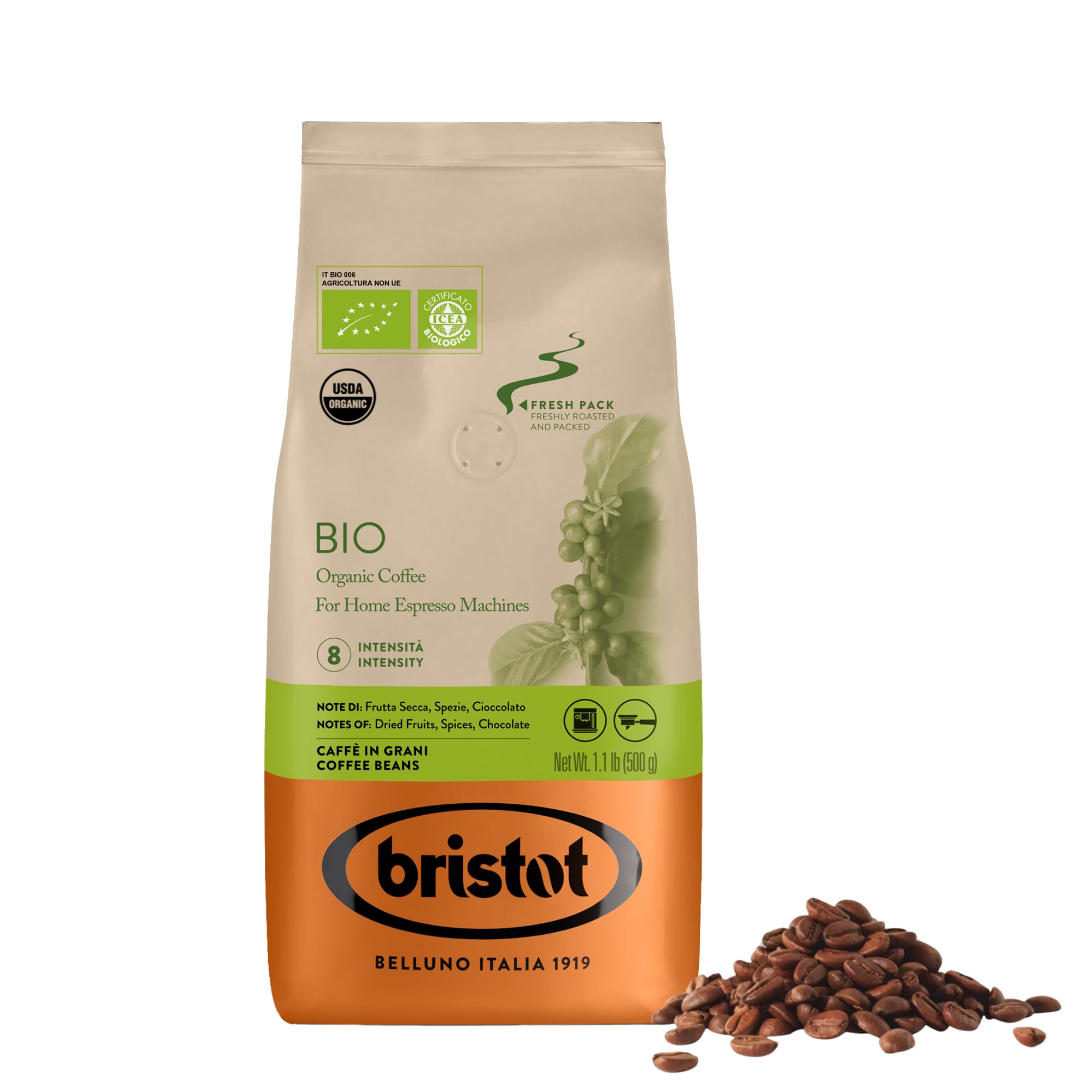 Bristot Bio Organic Italian Espresso Beans – Whole Bean Coffee, Medium Roast – Smooth & Aromatic with Spices, Caramel & Sandalwood Notes – 1.1 lb (500 g), Certified USDA Organic