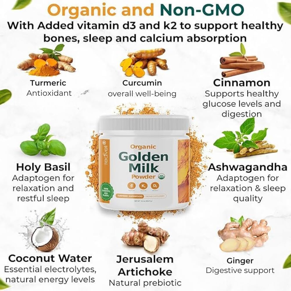 Organic Golden Milk Powder with Vitamins D3 & K2, Turmeric, Ginger, Curcumin, Cinnamon, KSM66 Ashwagandha, Holy Basil & Natural Prebiotics– Delicious Unsweetened Turmeric Tea Latte- 30 Servings