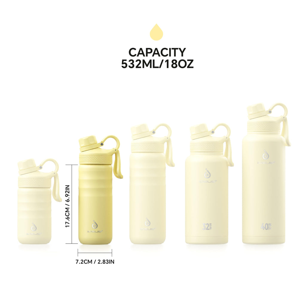 IDEUS Insulated Stainless Steel Water Bottle with 2 Leak-Proof Lids, Thermal Water Flask for Hiking Biking, 18oz, Light Yellow