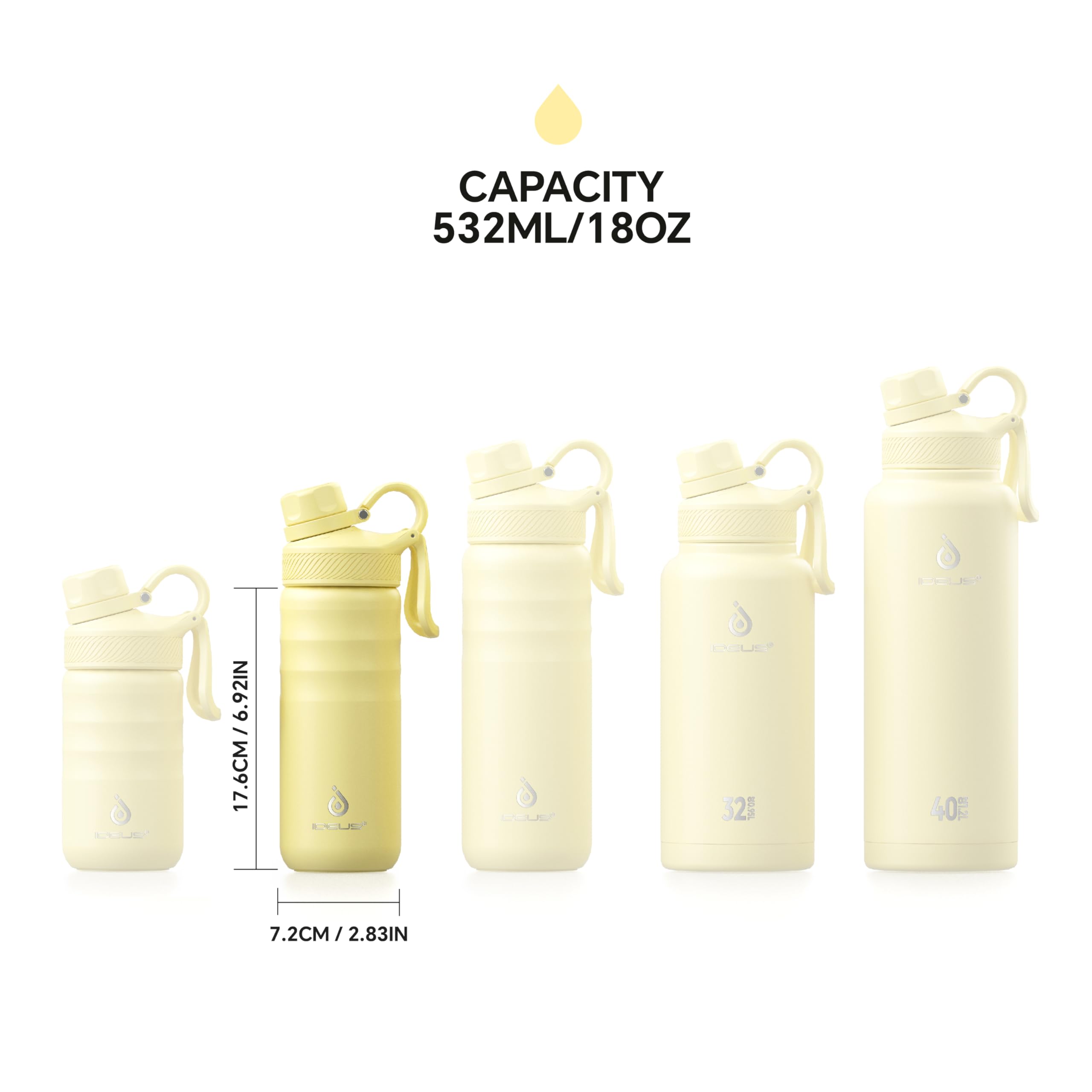 IDEUS Insulated Stainless Steel Water Bottle with 2 Leak-Proof Lids, Thermal Water Flask for Hiking Biking, 18oz, Light Yellow