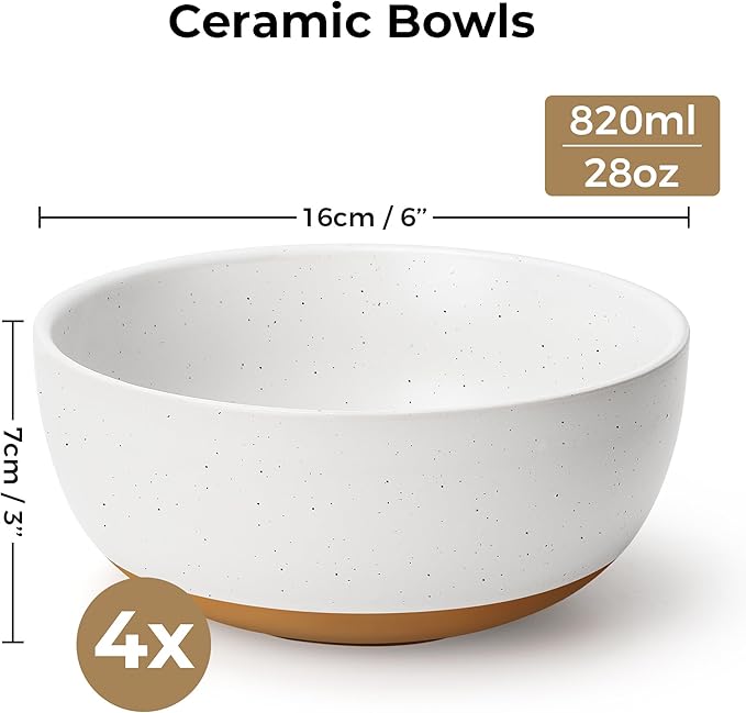MIAMIO – Set of 4, 28 Ounce Ceramic Soup Bowls/Cereal Bowl Set for Salad, Oatmeal, Fruit, Rice – Dishwasher & Microwave Safe – Aura Collection (Creamy Cocoa, Bowls (4x))