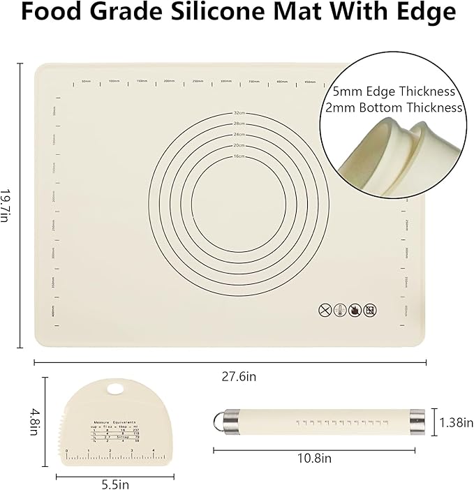28" X 20" Dough Mat for Counter, Pastry Mats for Rolling Dough, Silicone Baking Mat with Measurements, Non Stick Silicone Pastry Mat, Kneading Counter Mat for Pastry, Bread, Cookies, Pizza