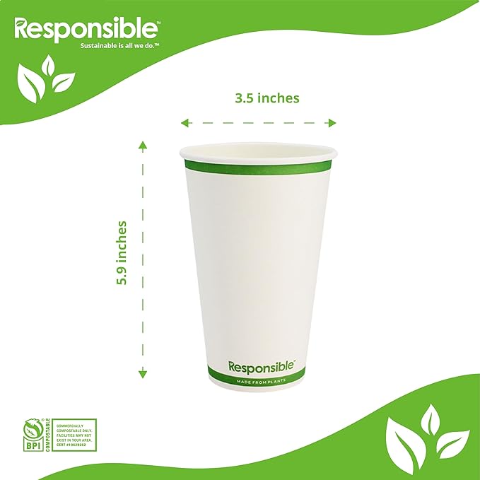 20 oz Paper Hot Cups, Tree-Less™ Compostable Paper Coffee Cups, Extra Strength, Tree-Free and Made Without PFAS, White (1000 Count)