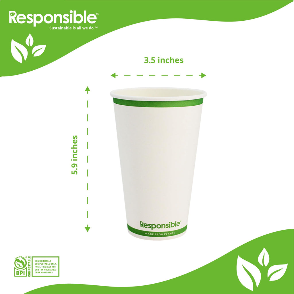 Responsible Products Certified Compostable 20 oz Paper Cups, Cold ＆ Hot Coffee Cups, Disposable Paper Cups, Extra Strength Disposable Cups, Made without PFAS (50 count)