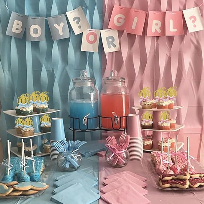24pcs Pumpkin Gender Reveal Cupcake Toppers - Baby Shower Girl or Boy Party Decorations Supplies, Pumpkin Food Pick (Blue and Pink Bow)