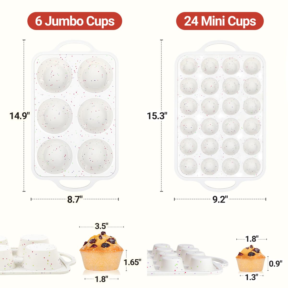 CAKETIME Silicone Muffin Pans for Baking, Metal Reinforced Frame Jumbo 6 Cups & Mini 24 Cups Cupcake Pan Nonstick Muffin Pan for Homemade Baking Easy to Handle