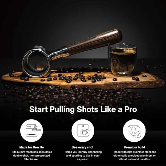 Crema Coffee Products 58mm Bottomless Naked Portafilter | Compatible with 58mm Breville Machines | Includes Double Shot Filter Basket | Olivewood
