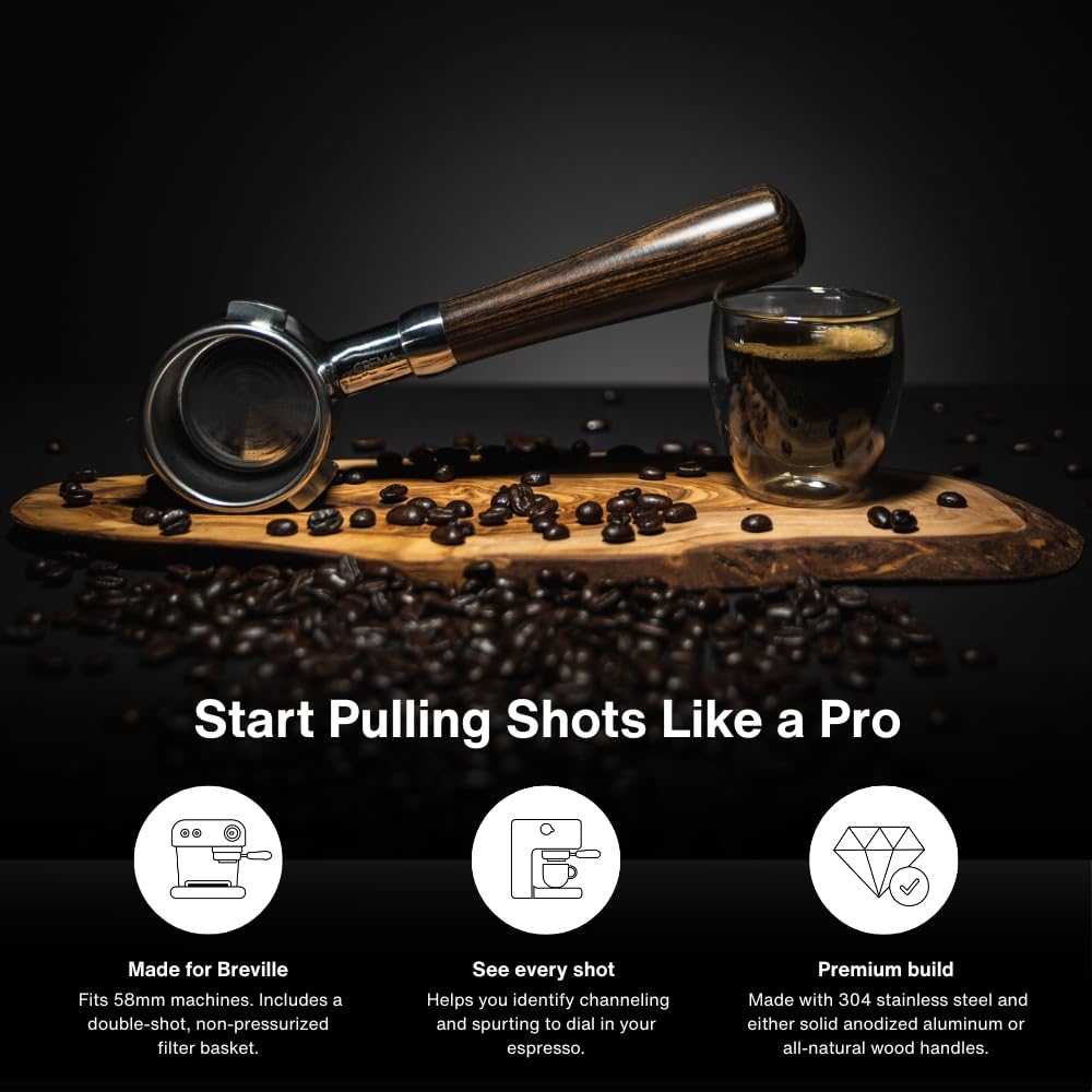 CREMA Coffee Products 58mm Bottomless Naked Portafilter | Compatible with 58mm Breville Machines | Includes Double Shot Filter Basket | Walnut