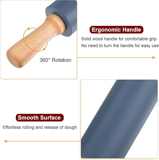 HARFINGTON Silicone Rolling Pins for Baking 17 Inch Wooden Handle Non Stick Rolling Pin Small Roller Playdough Rolling Pins for Dough Pizza Pastry Fondant Kitchen, Drak Blue