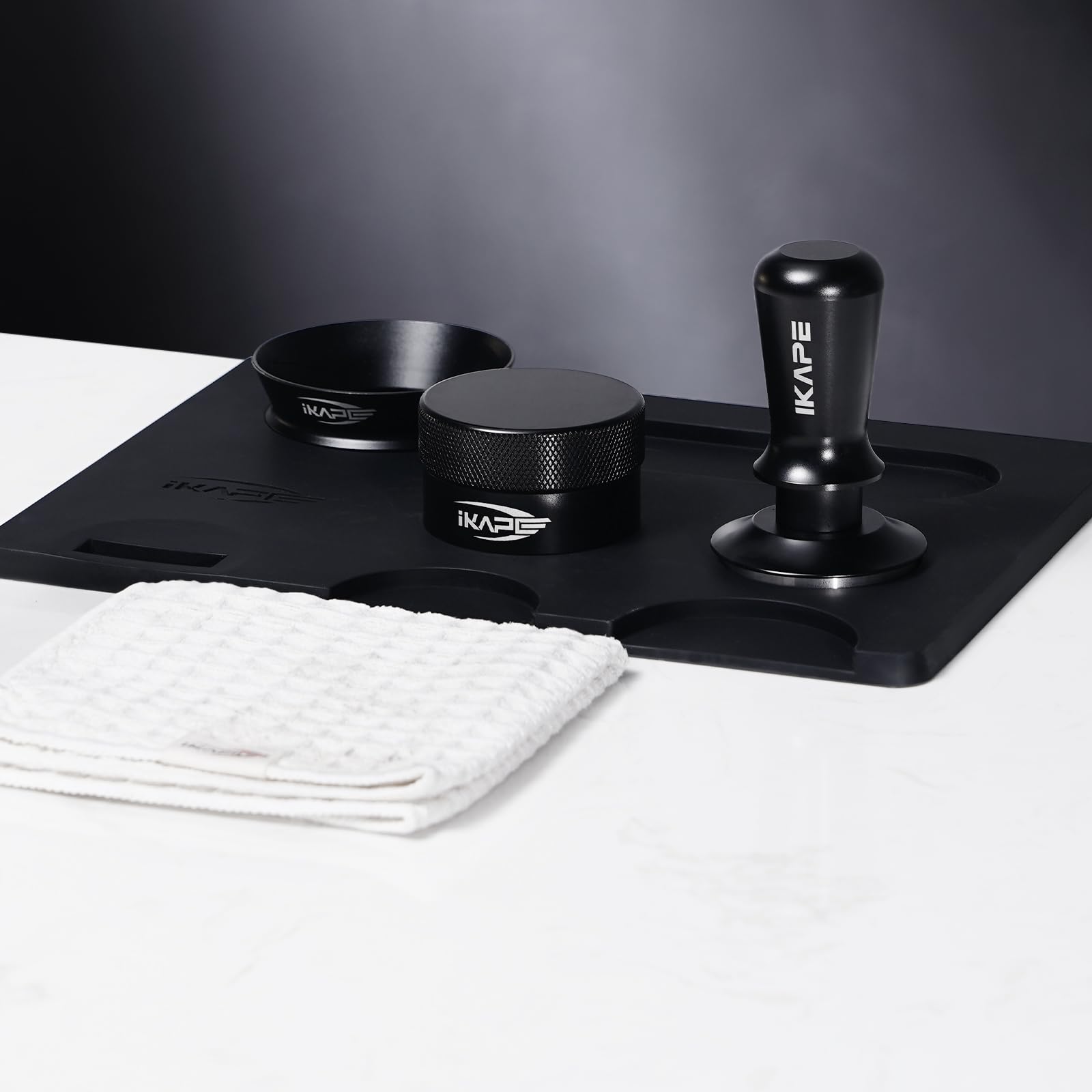 IKAPE 58MM Espresso Tamper Kit Black 6 IN 1, Coffee Tamper Set Including Tamper, Distributor, Magnetic Dosing Funnel, Silicone Mat, Puck Screen, and Cleaning Towel