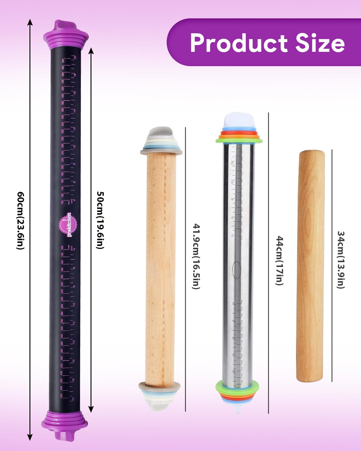 PROKITCHEN Silicone Rolling Pin with Thickness Rings, Adjustable Designs for Fondant, Cookie Decorating, Pasta, Pizza, 23.6 inch Purple Large Long Pin