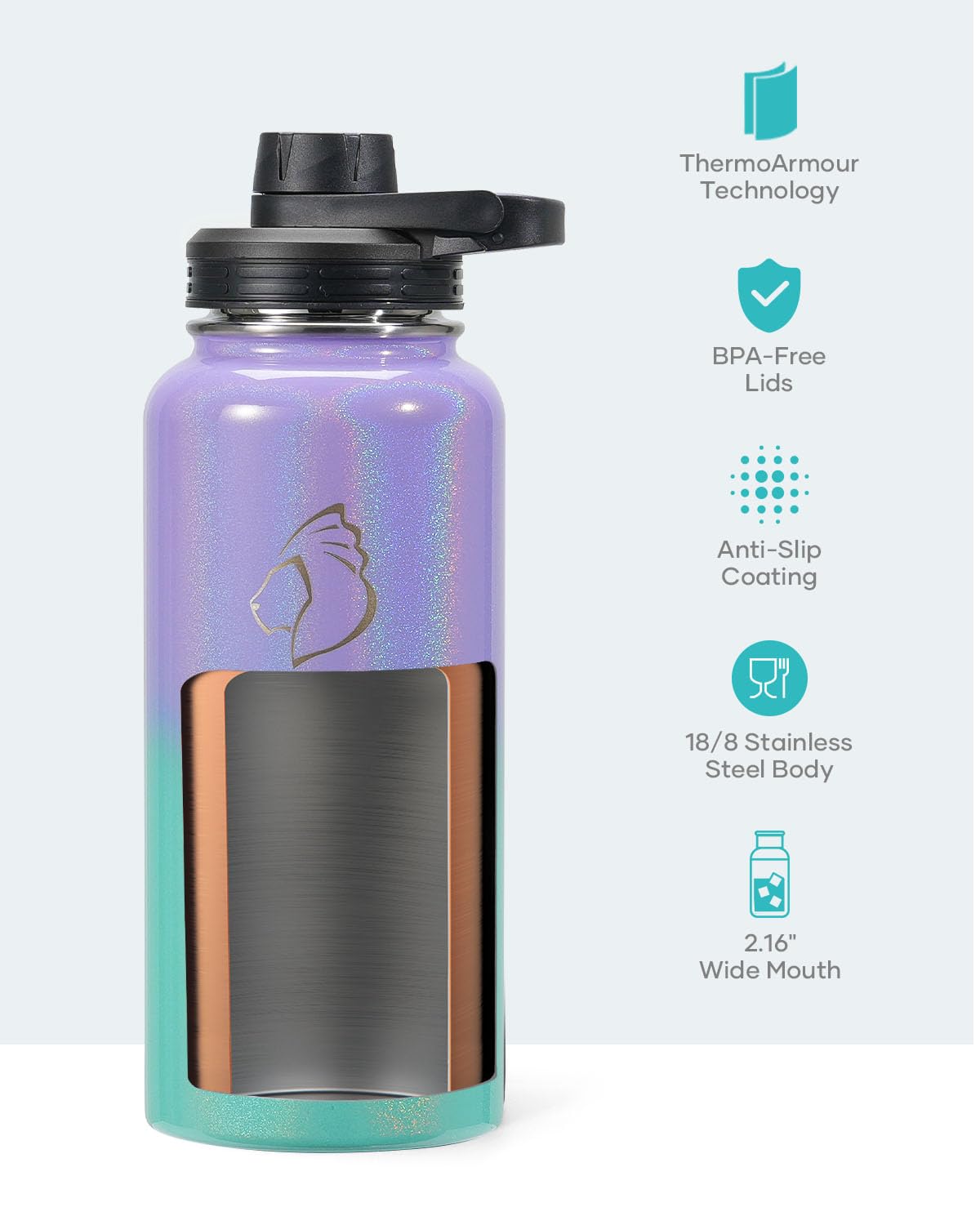 BUZIO 32 oz Water Bottle Insulated with Straw & 3 Lids (Cold for 48 Hrs)