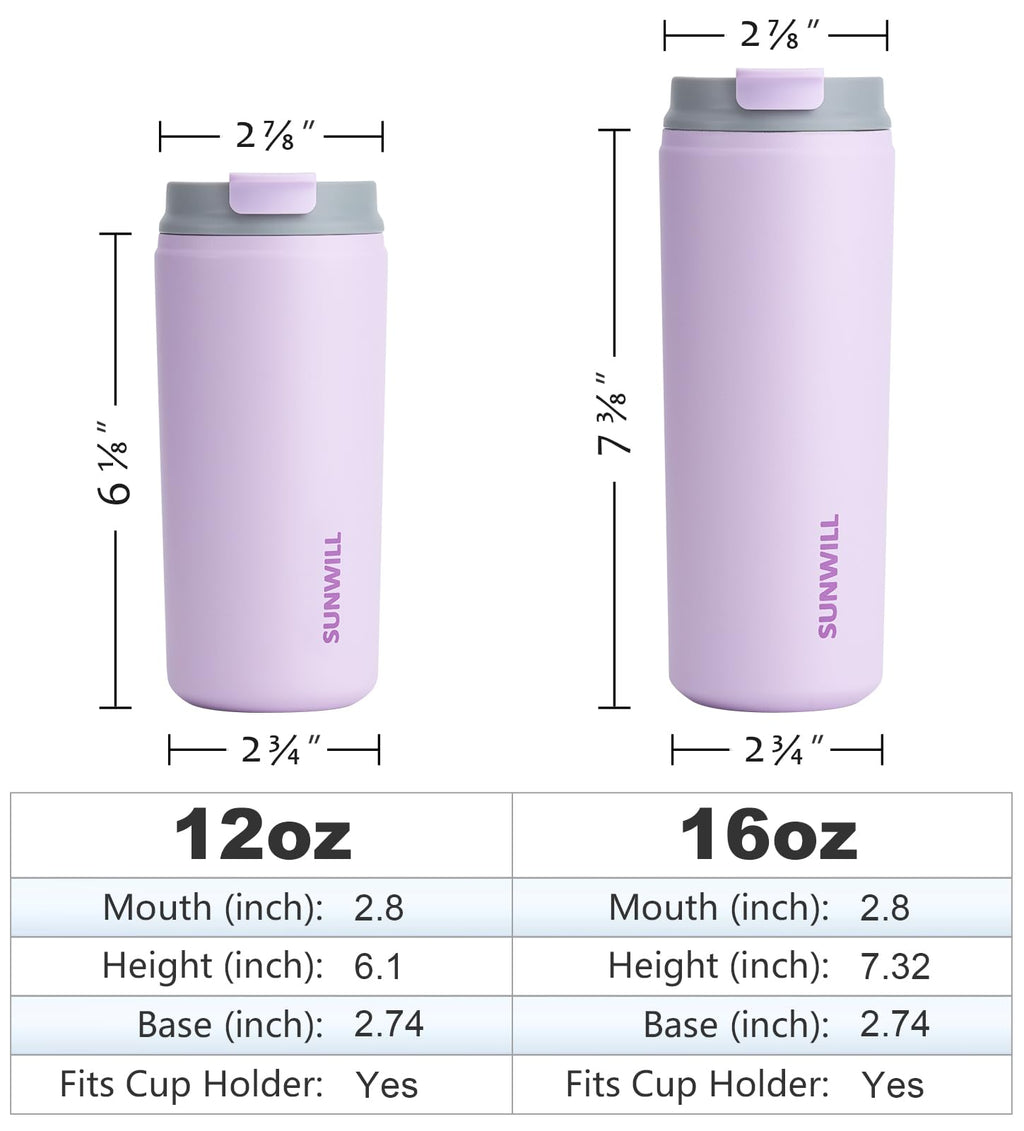 SUNWILL Travel Coffee Mug with Lid, Leak Proof Tumbler Stainless Steel, 16 oz Insulated Cup for Water, Tea, Ice, Powder Coated Lavender