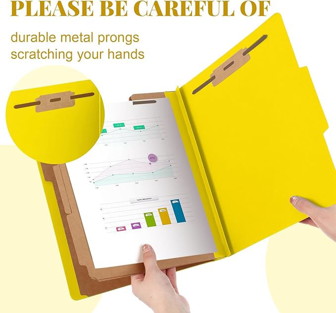 12 Pcs Classification Folders Letter Size, Back to School Supply for Teacher, Student, 3 Dividers Pressboard File Folder Bulk with 2 Fasteners, 3.5 Inch Expanding File Organizer (Yellow)
