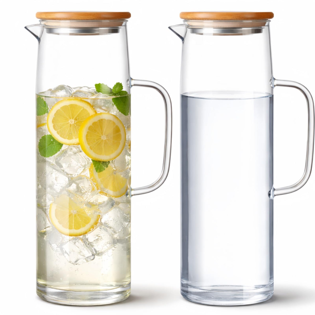 Hsei 2 Sets Glass Pitcher with Lid Water Carafe, Bamboo Lid, 1.5L