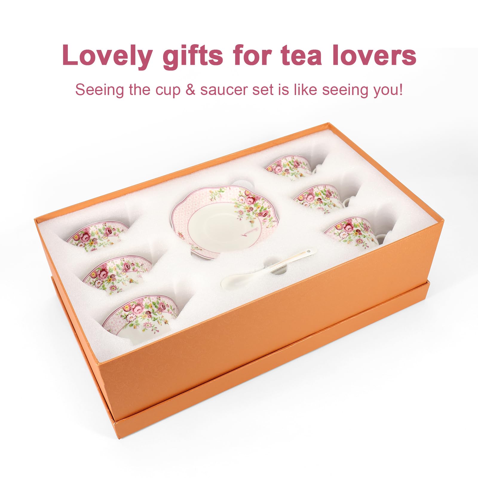 SWEDOU Cup and Saucer Sets of 6 with Spoon, 8oz Ceramic Tea Cups Saucers Set Porcelain New Bone China Floral Vintage Coffee Cup & Saucer Sets -Microwave Dishwasher Safe (Pink)