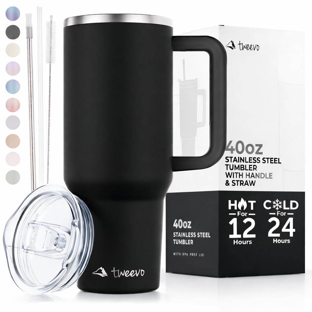 tweevo 40 oz Tumbler With Handle and Straw Made of Stainless Steel - Double Wall Vacuum Insulated Tumbler With Lid - Sweat Proof Easy Grip, BPA-Free, Dishwasher Safe Tumbler (Black)