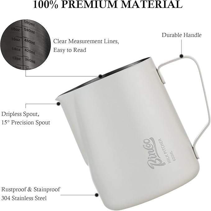 Milk Frothing Pitcher - 600ml/20oz Milk Frother Cup Espresso Steaming Pitcher for Barista, Bincoo SUS304 Stainless Steel Espresso Steaming Pitchers for Latte Art/Cappuccino/Coffee/Milk (White-600ml)