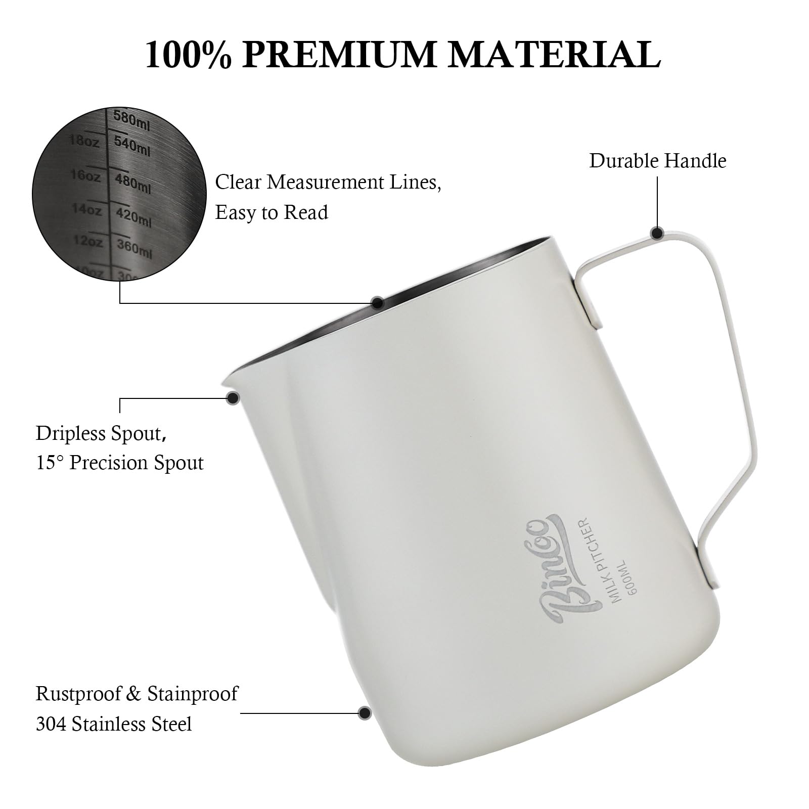 Milk Frothing Pitcher - 600ml/20oz Milk Frother Cup Espresso Steaming Pitcher for Barista, Bincoo SUS304 Stainless Steel Espresso Steaming Pitchers for Latte Art/Cappuccino/Coffee/Milk (White-600ml)