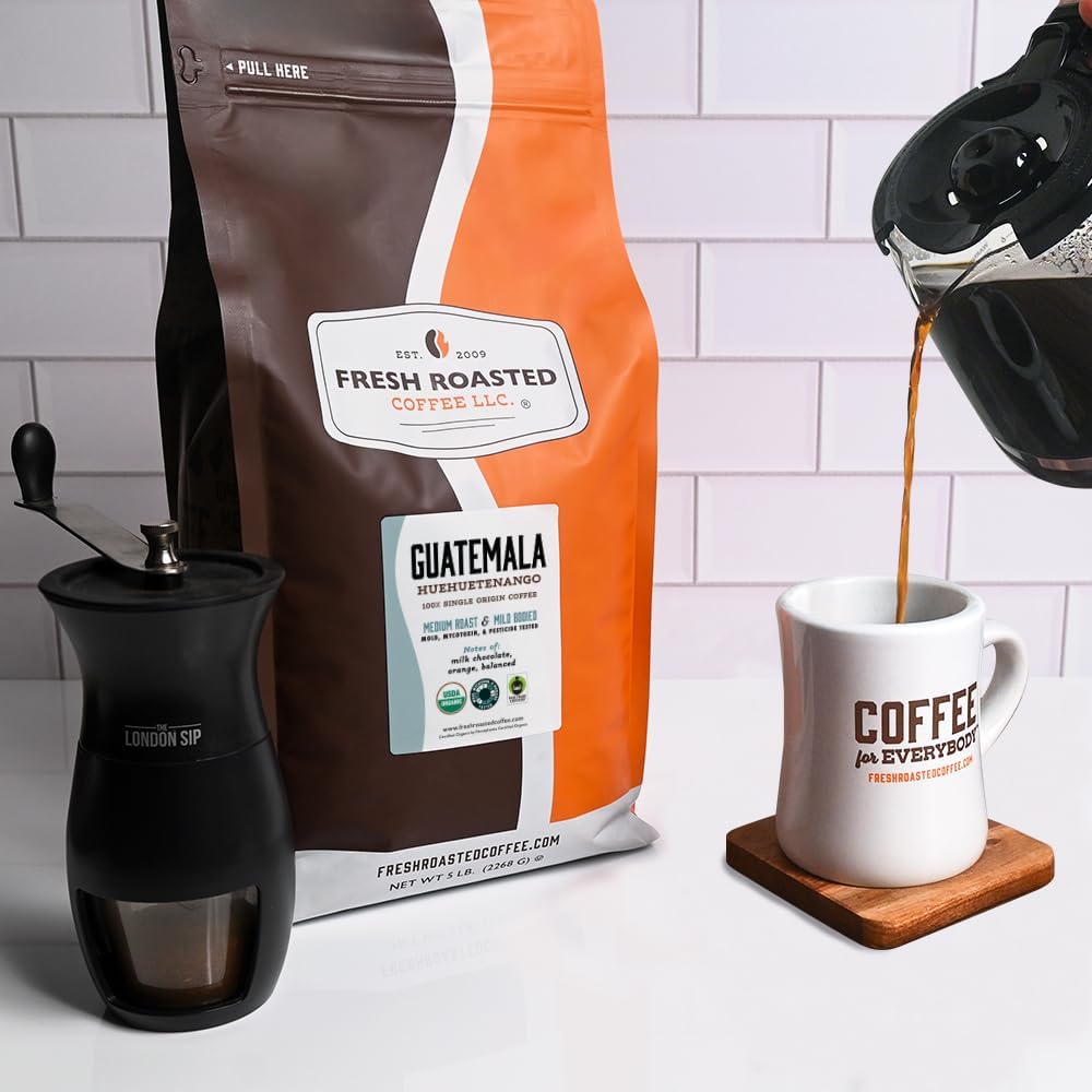 Fresh Roasted Coffee, Organic Guatemala Drip Ground Coffee, Medium Roast, USDA Organic, Single-Origin, 3rd Party Tested for Mold, Mycotoxin & Pesticides, Kosher, 5 lb (80 oz)