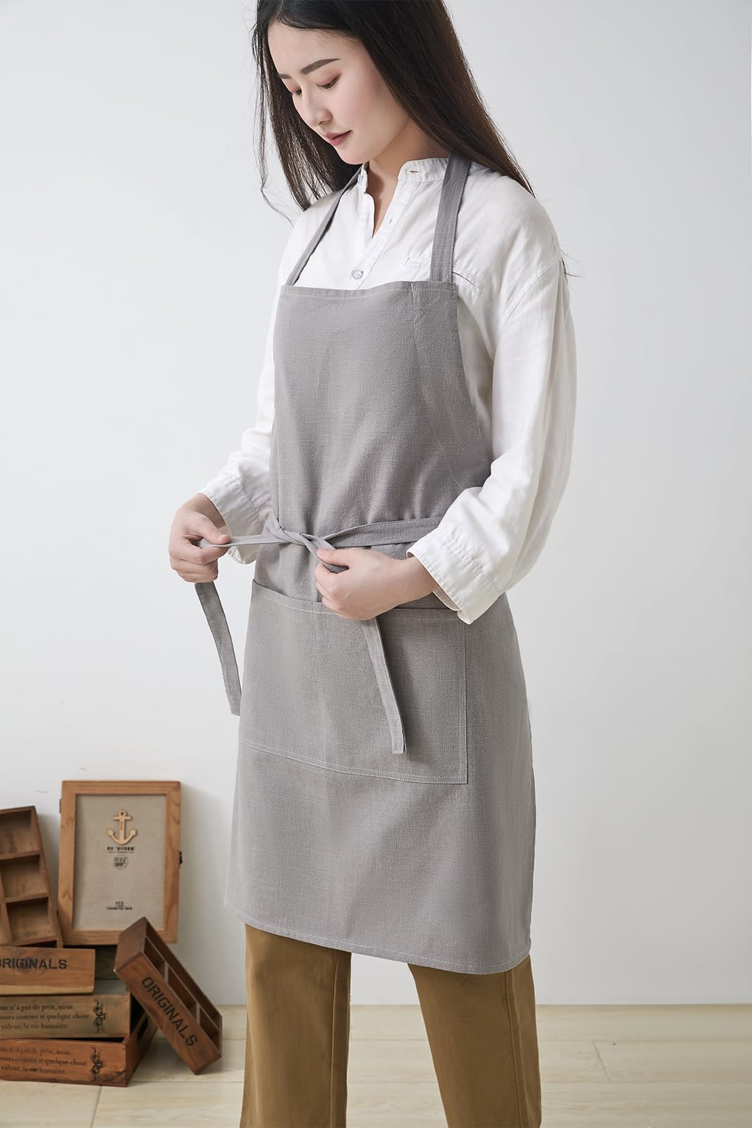Tobyan Cotton Linen Apron for Women - Adjustable Casual Apron with Pocktes, Great for Florist, Coffee House and Kitchen (Light Grey)