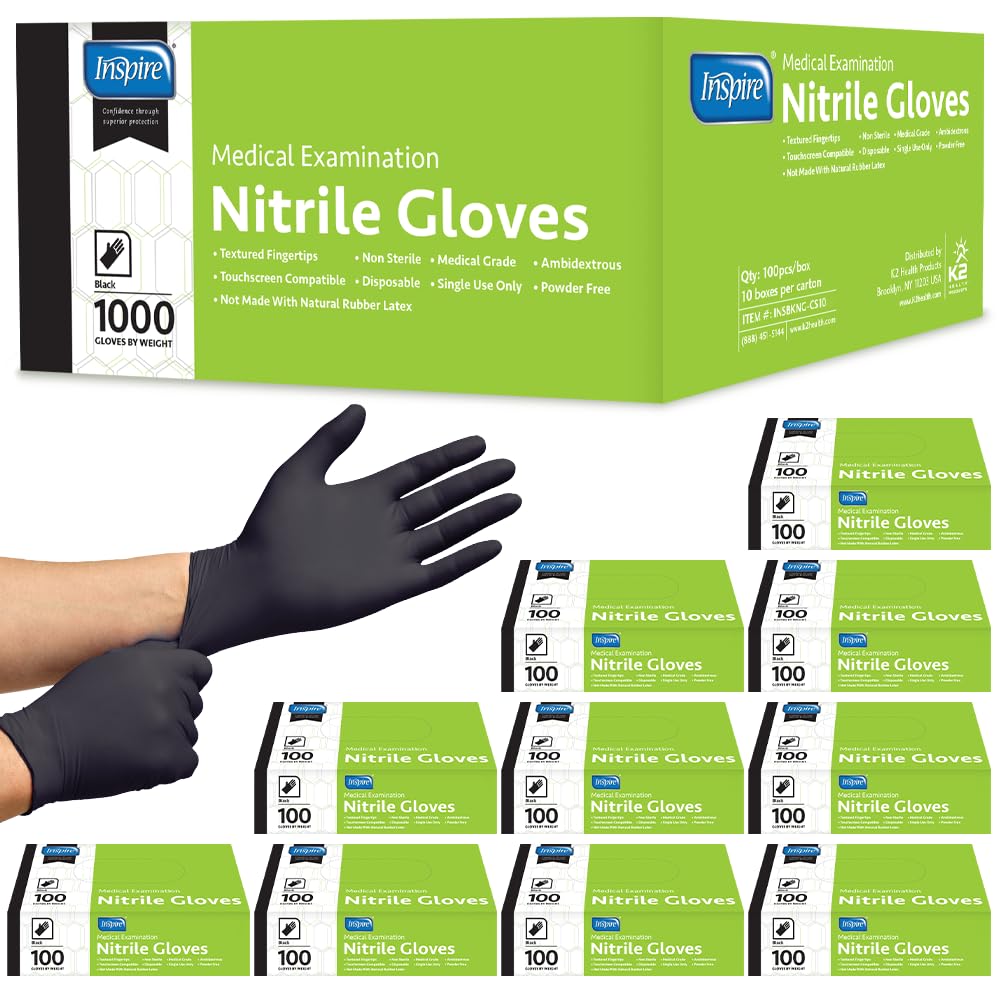 Inspire Black Nitrile Gloves | THE ORIGINAL Quality Black Gloves Disposable Latex Free | 4.5 Medical examination (Nitrile, Medium)