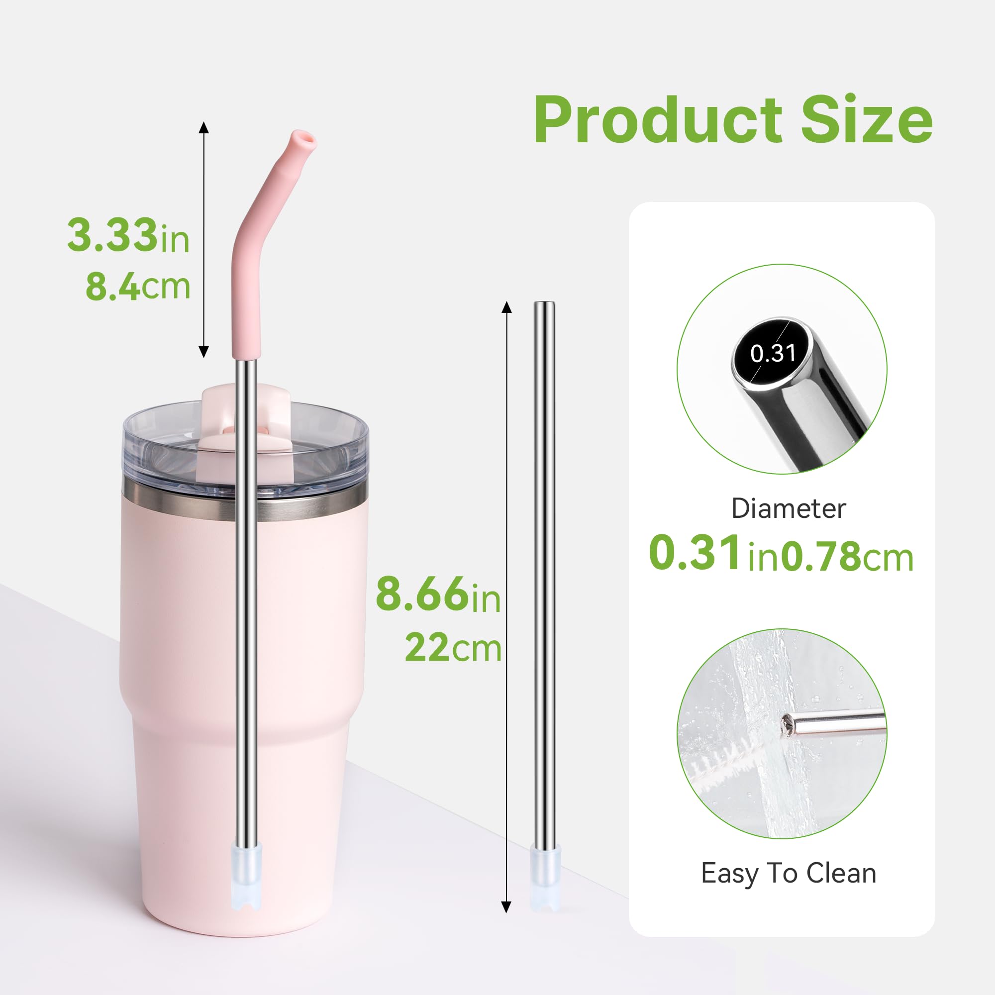 Metal Straws With Silicone Tip For Stanley Adventure Quencher H2.0 Tumbler 14 oz 20 oz, Short Straw Replacement Stainless Straws Reusable For STANLEY Cups 14oz,20 oz, Dishwasher Safe(Black)