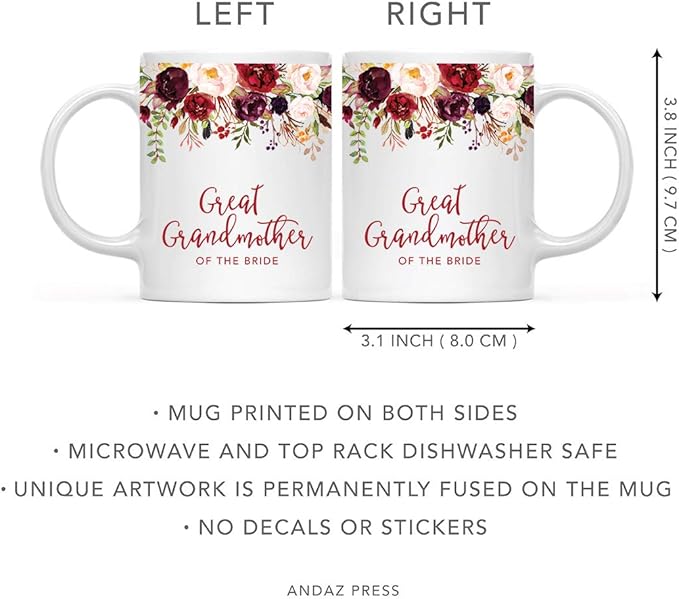 Andaz Press 11oz. Wedding Ceramic Coffee Tea Mug Gift, Fall Autumn Marsala Burgundy Flowers Roses Florals, Great Grandmother of the Bride, 1-Pack, Includes Gift Box