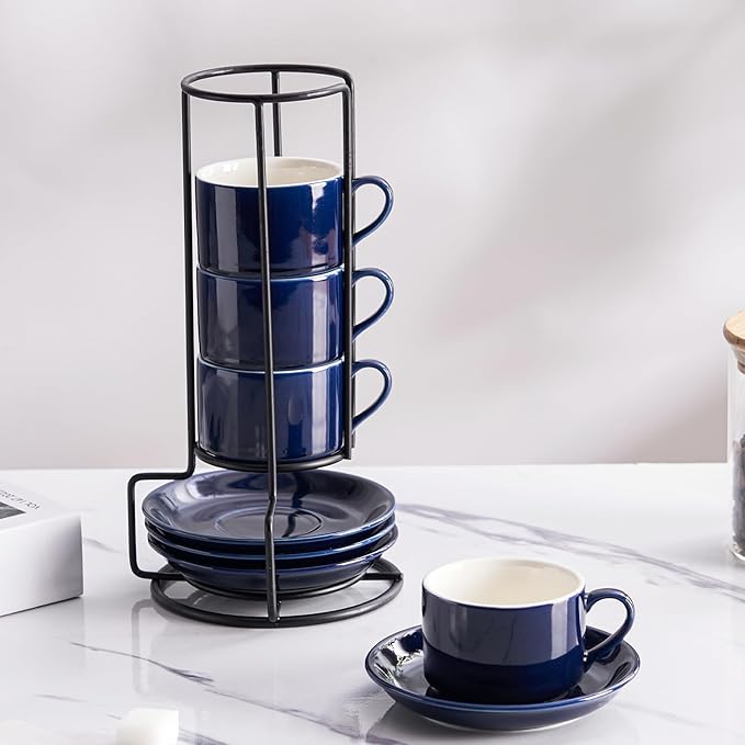 4oz Porcelain Stackable Espresso Cups with Saucers and Metal Stand Set of 4, Stackable Cappuccino Cups, Blue Expresso Shots Cup Set for Coffee Drinks, Latte, Americano, Tea