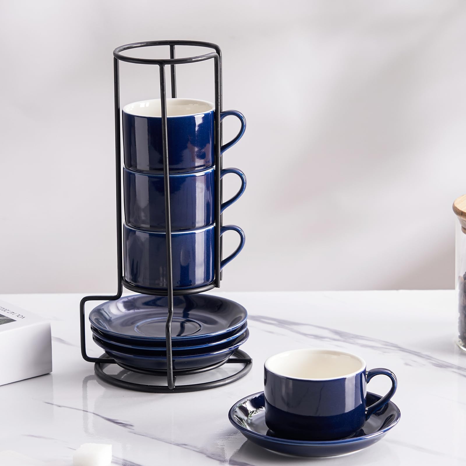 Meichu Cappuccino Cups Set of 4, 8oz Stackable Coffee Cups Set with Saucers and Metal Stand, Blue Coffee Mugs and Saucers for Cappuccino, Latte, Americano and Tea