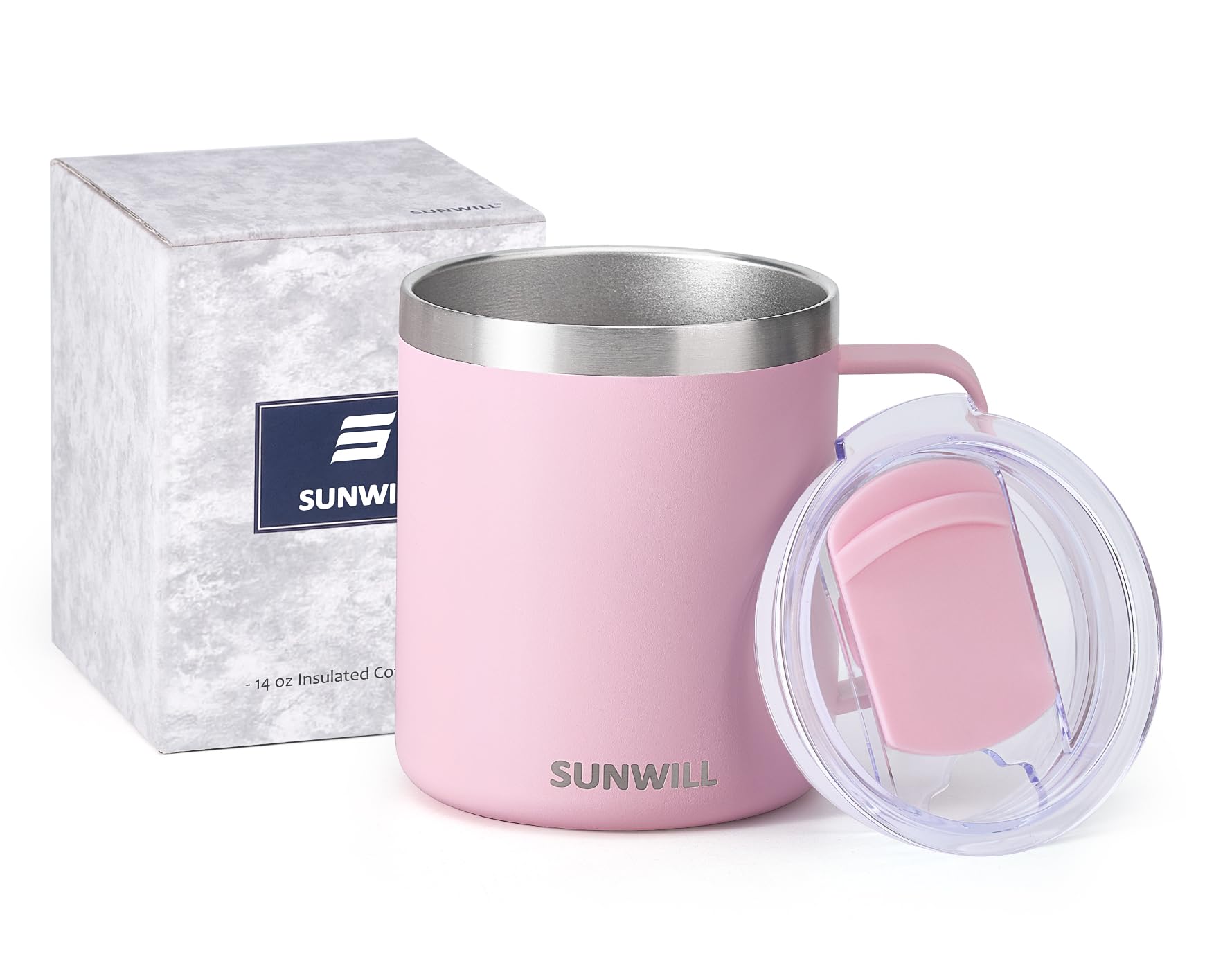 SUNWILL Insulated Coffee Mug with Lid, Travel Tumbler Reusable, 14 oz Stainless Steel Cup for Camping, Office, Home, Powder Coated Sakura