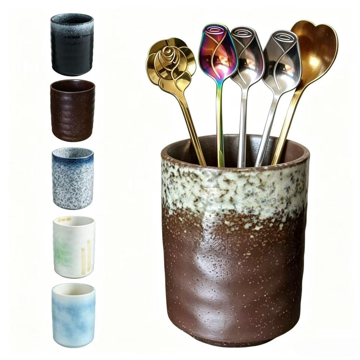 TOPYOKK Stoneware Coffee Bar Utensil Holder Tea & Coffee Spoon & Stirrer Holder for Stir Stick Straw Teaspoon Holder Espresso Spoon Cup Small Utensil Jar (Snow night)