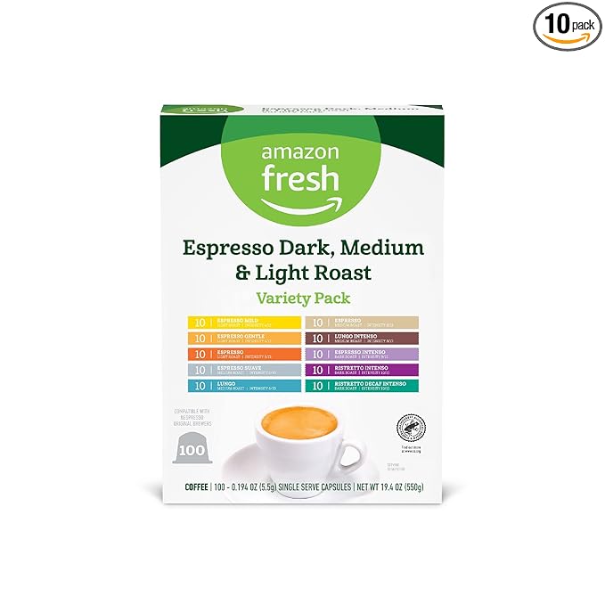 Amazon Fresh Espresso Dark, Medium & Light Roast Aluminum Capsules, Variety Pack, Compatible with Nespresso Original Brewers, 100 Count (10 Packs of 10)