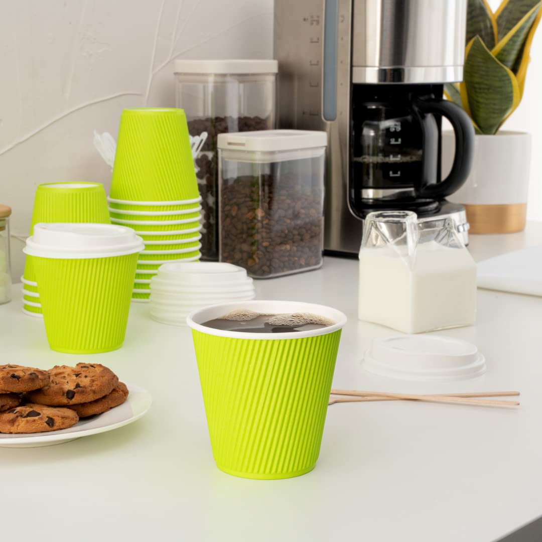 Restaurantware Ripple Wall Coffee Cups 25 Count 8 Ounce Insulated Eco Green Paper Cups, Rolled Rim Spill-Resistant Disposable Paper Non-Slip for Coffee, Beverages