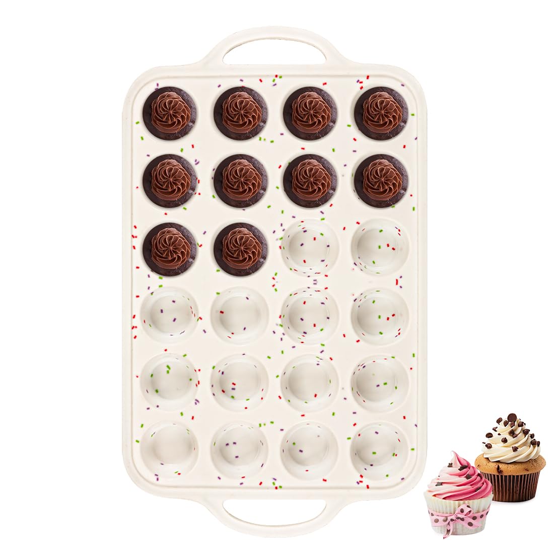 Fimary Silicone Muffin Pans With Metal Reinforced Frame - 24 Cups Durable Silicone Baking Pan for Muffins, Cupcakes, BPA Free and Dishwasher Safe - Beige with Rainbow Spots, Set of 2