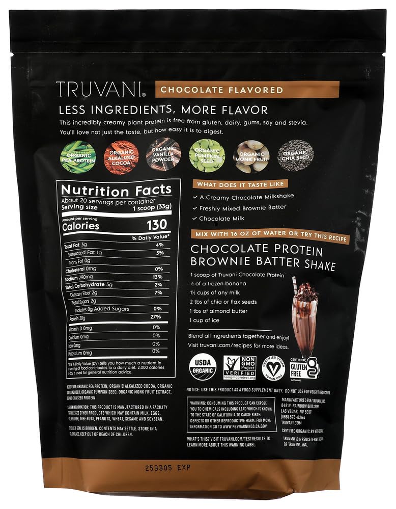 Truvani Organic Plant Based Protein Powder | Chocolate | 20 Servings