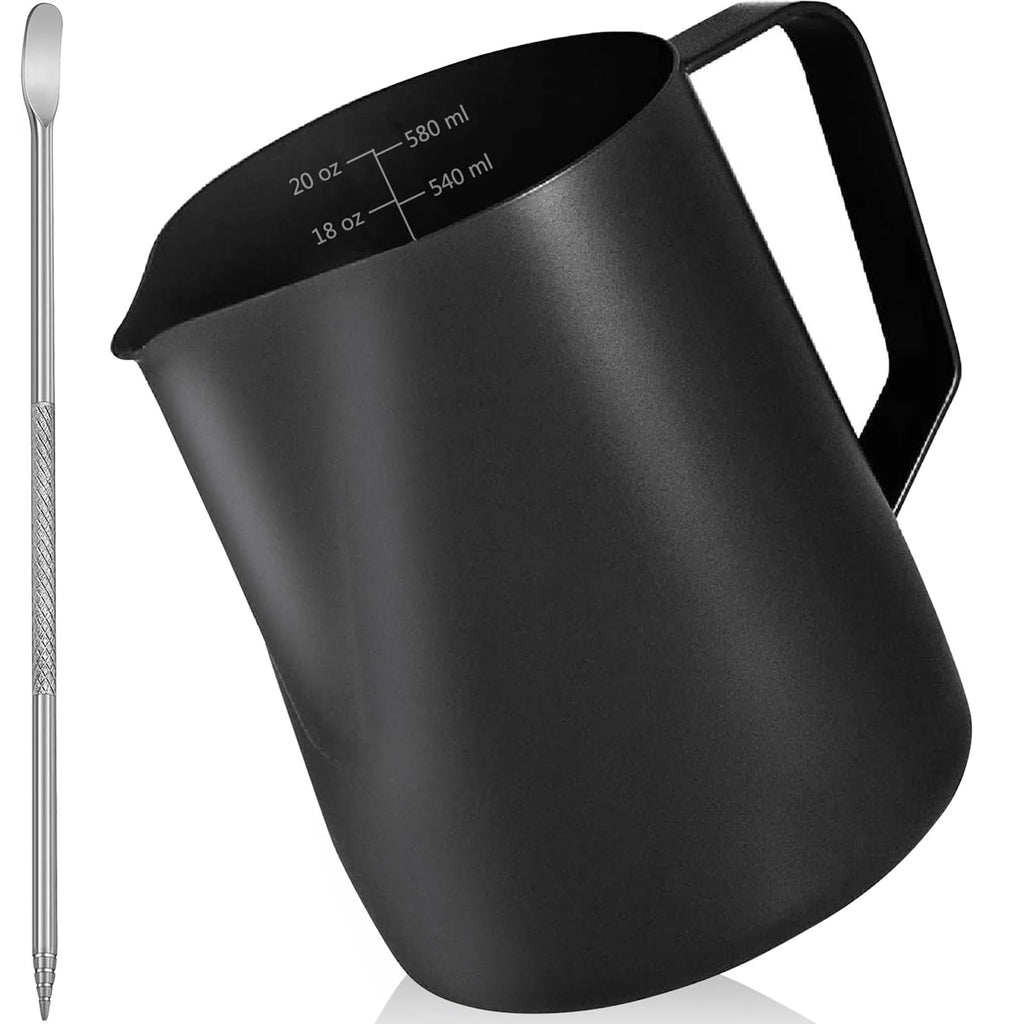 Milk Frother Pitcher 20 OZ, Espresso Milk Frothing Pitcher, Milk Steamer Cup Steaming Pitcher, Stainless Steel Coffee Froth Cup with Latte Art Pen for Coffee Cappuccino (Black)
