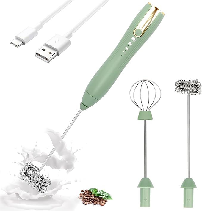 TonJin Frother Wand Rechargeable USB-C Milk Frother Handheld Mixer Electric with 2 Whisk Heads, 3 Speeds Adjustable Coffee Drink Mixer with Stand for Lattes, Matcha, Hot Chocolate, Egg, Matcha(Green)