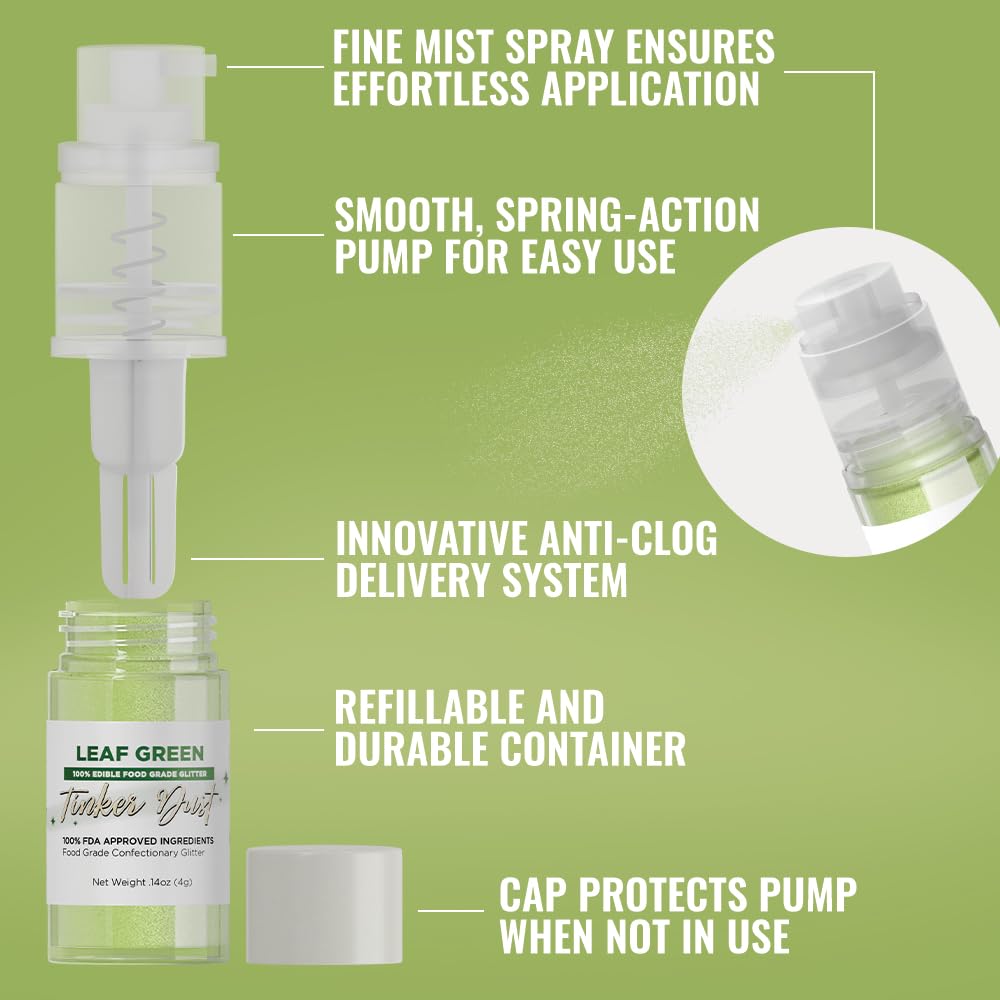 Bakell - Leaf Green Tinker Dust (4g, 1x Mini Spray Pump) Edible Glitter for Food, Desserts, and Baked goods!