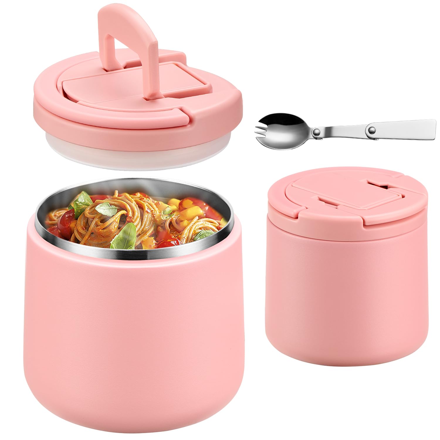 20oz Insulated Vacuum Food Jar with Buckle Lid,Soup Thermo for Hot Food Kids,Wide Mouth Leakproof Stainless Steel Lunch Container with Spoon-Pink