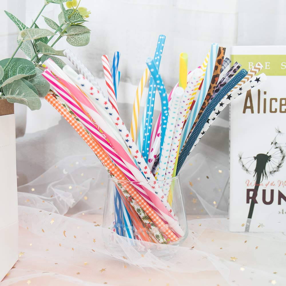 SUBANG 50 Pack Bent Reusable Straws, BPA-Free, 9" Colorful Hard Plastic Stripe Drinking Straw for Mason Jar Tumbler, Family or Party Use With Cleaning Brush