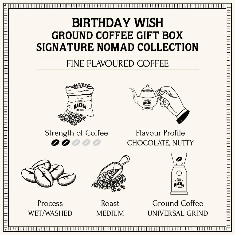 Bacha Coffee | Birthday Wish Fine Flavoured, Ground Beans, Medium Roast, 100% Arabica Specialty Coffee, 250g Signature Nomad Collection, Gift Box