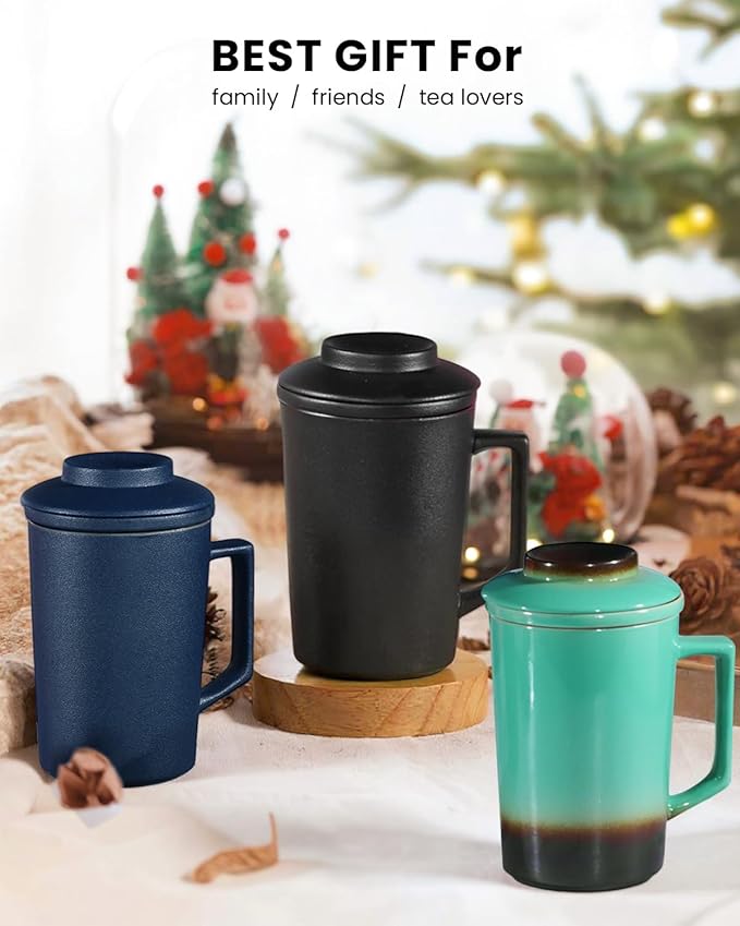 15 OZ Porcelain Tea Infuser Cup with Lid,Ceramic Tea Mug with All-Porcelain Strainers for Loose Leaf Teas,Microwave and Dishwasher Safe Coffee Mug,Metal-Free,BPA-Free,Gifts for Tea-Lover (Black)