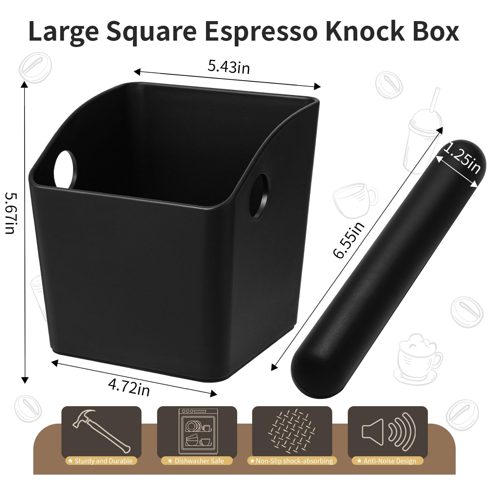 IAOSEN Large Square Knock Box Shock-absorbent Knock Box Espresso with Removable Knock Bar and Non-Slip Base Espresso Accessories for Home/Office (Large Black Knock Box)