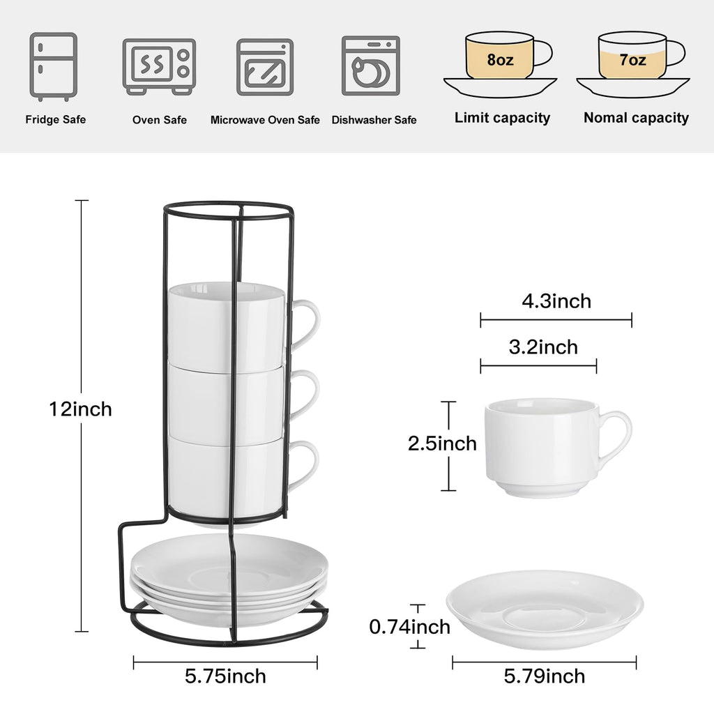 YOLIFE 8oz Porcelain Stackable Cappuccino Cups with Saucers and Metal Stand Set of 4, Coffee cups for Espresso, Specialty Coffee Drinks, Latte, Americano and Tea - White