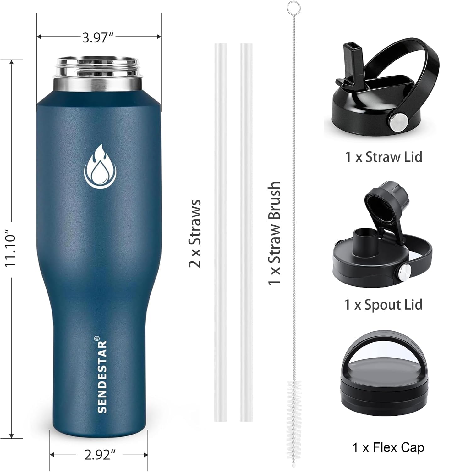 SENDESTAR 40oz Stainless Steel Water Bottle(Cold for 48 Hrs, Hot for 24 Hrs),Double Wall Vacuum Insulated Bottle with Straw Lid, Spout Lid and Flex Cap, Fit in Any Car Cup Holder，Navy