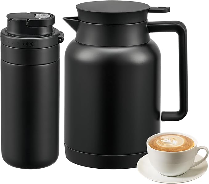 JXXM 2 Pack 49oz Thermal Coffee Carafe and 15oz Insulated Water Bottle, Stainless Steel Vacuum Thermal Carafes and Water Bottle for Keeping Coffee, Tea, Water - Keep 12 Hours Hot, 24 Hours Cold