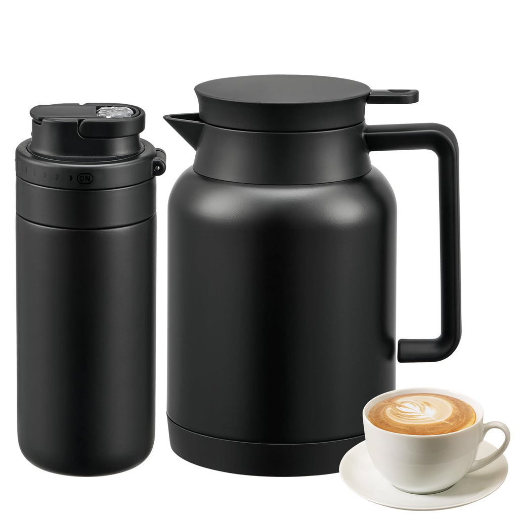 JXXM 2 Pack 49oz Thermal Coffee Carafe and 15oz Insulated Water Bottle, Stainless Steel Vacuum Thermal Carafes and Water Bottle for Keeping Coffee, Tea, Water - Keep 12 Hours Hot, 24 Hours Cold